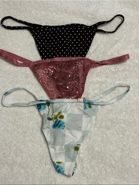 Victoria's Secret Black Polka Dot, Pink Sequin & Blue Floral Thong Set